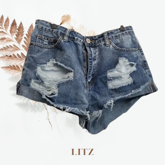 Litz Destroyed Distressed High Waist Denim Shorts - Picture 1 of 5